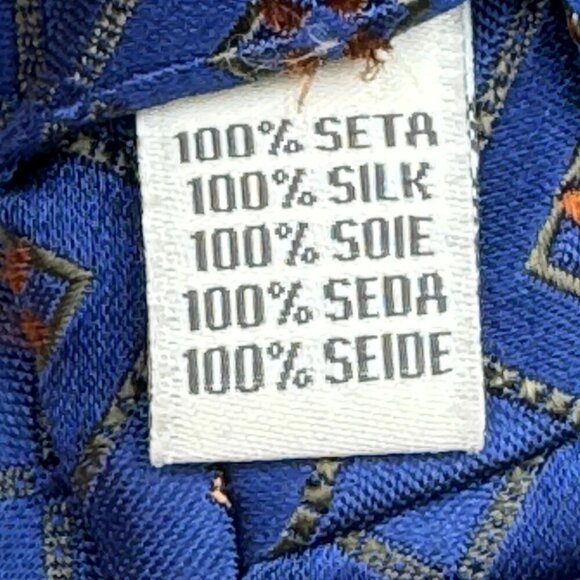 W.H. Belk Handmade 100% Silk Blue Tie With Orange & Yellow Floral Geometric - Picture 4 of 6